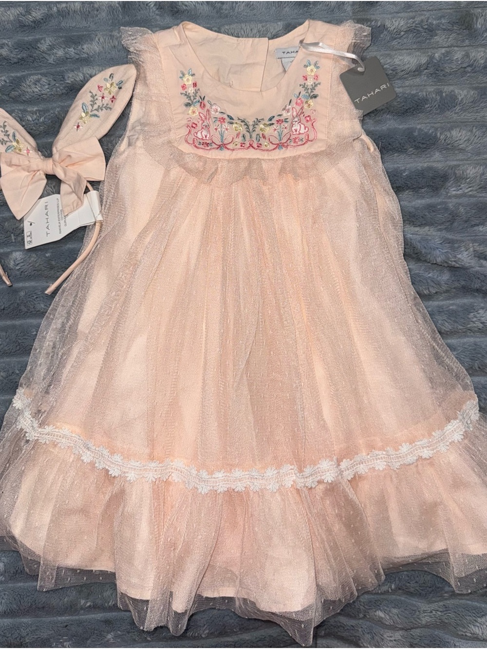 Tahari Girls 4T Pink Tulle Bunny Floral Embroidered Easter Dress Headband NWT